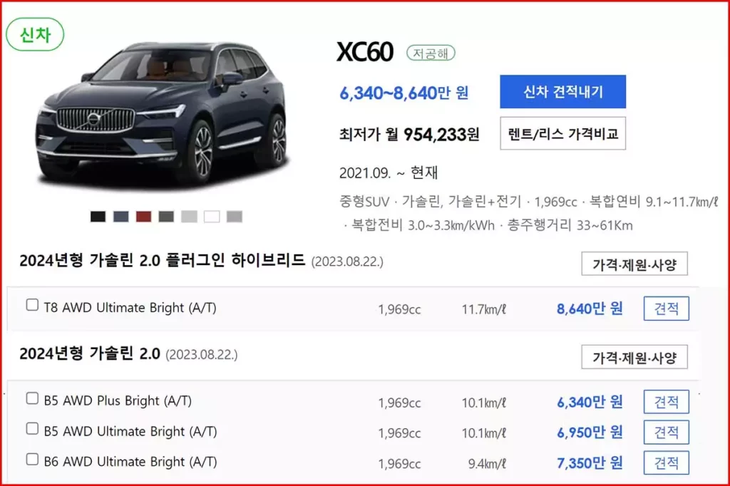볼보 XC60 가격 하이브리드 제원 가격표
